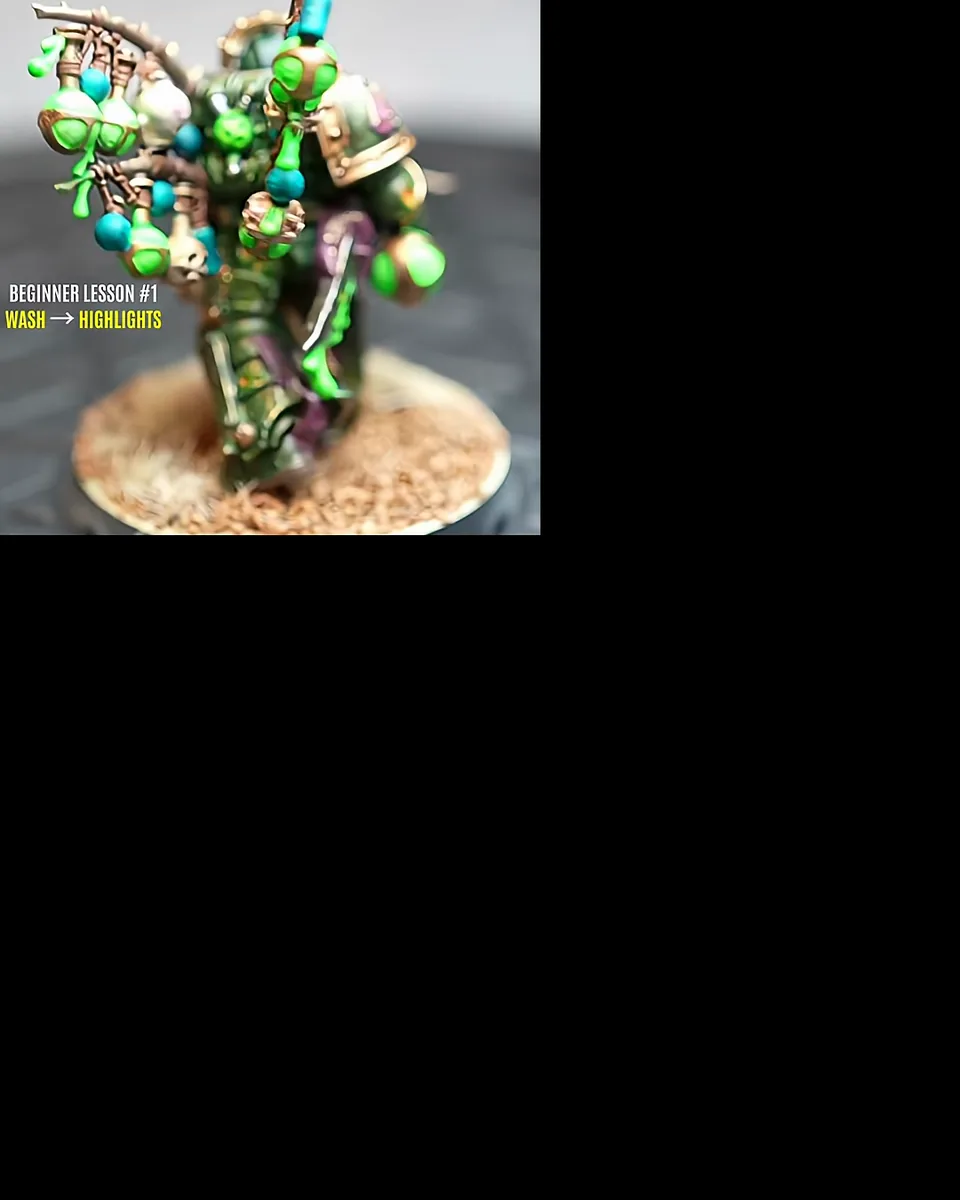 Her finished green Death Guard miniature with her own on-screen caption 'Beginner lesson #1: wash → highlights', from her Short